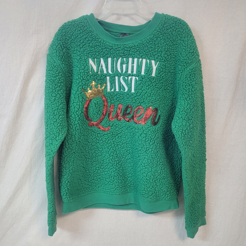 Green Fuzzy Sweater- Naughty List Queen, Womens Small Christmas Ugly Sweater